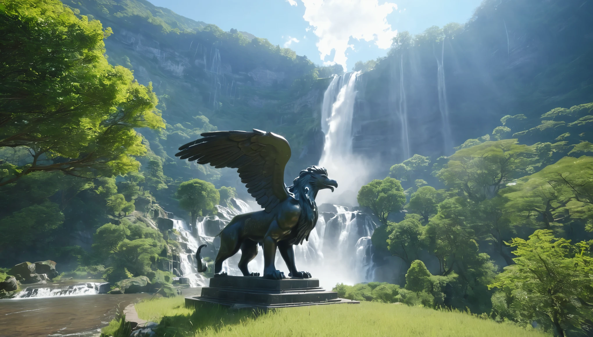 ((highest quality)), ((masterpiece)), (be familiar with), Magnificent nature and huge valleys, Big waterfall, A griffin statue in the distance