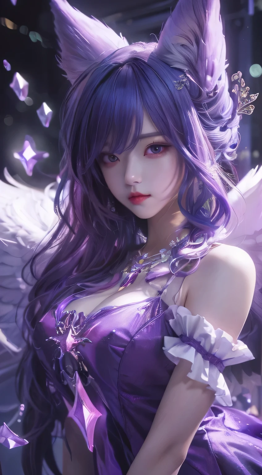 Anime girl with purple hair and purple wings purple dress, Extremely detailed Artgerm, 8K high quality detailed art, Detailed digital anime art, Anime fantasy artwork, by Yang J, style of anime4 K, Anime fantasy illustration, Art germ on ArtStation Pixiv, beautiful fantasy anime, Art germ. anime illustration, 2. 5 D CGI anime fantasy artwork