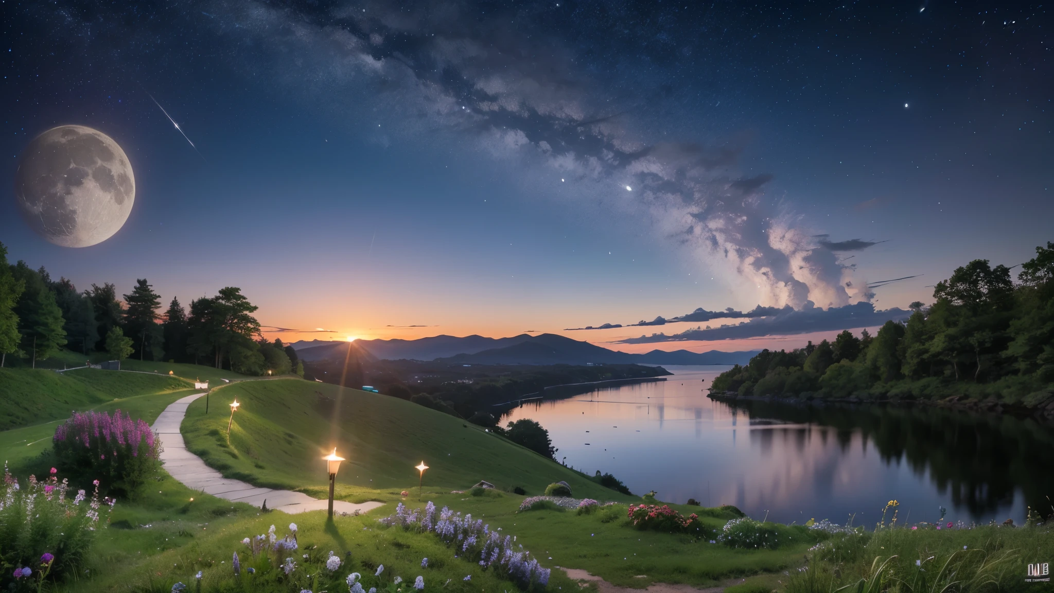 vast scenery,silence,night,moon Star ,firefly, hydrangea, garden, lake, Small hill, Pebble Road,lanthanum, masterpiece, highest quality, anatomically correct, advanced details, 8K, wallpaper