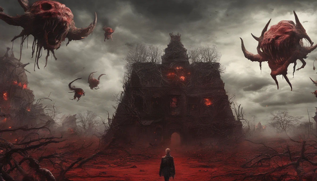 the sun is not'shine、follow the rays、A world of death where people can no longer live、best light、best shadow、clear image、Boiling pinkish red liquid spreads on the ground、Rain of blood、Bloodstained、die in hell、darkness、cult、The end of the world、reminiscent of death、return to nothing、chaos、Giant monster、devil'face、Forms of anger、Detailed details、masterpiece、highest quality、 the desolate world of death、Dark clouds of the world of death、the desolate world of death、hell、dust flies、stylized fantasy artwork、 Creepy and nostalgic concept art, surreal concept art, blood gushes out, look up at the sky, world of death, reminiscent of death, chaos, red liquid, ash scatters, floating debris、(monsters、blood and flesh)、growl、Compositions from various angles、Complex composition、A fugitive々、moving