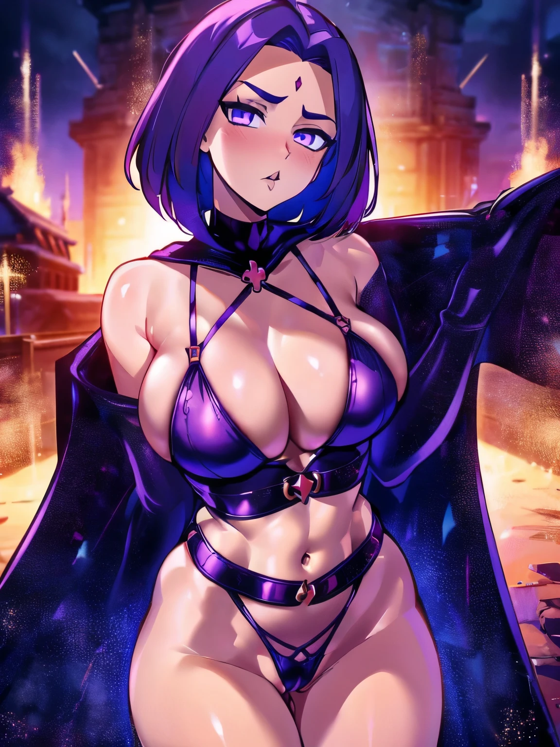 raven, attacked by a spell, hit by a spell, startling, suprised, sexy, cyberspace background, pussy outline, open cloak, ass, big breasts, d-cup, lacy lingerie, high waist lingerie, golden belt, athletic body with curvy ass and breasts, legs spread, seductive pose, purple hair, dark blue eyes, slim belly