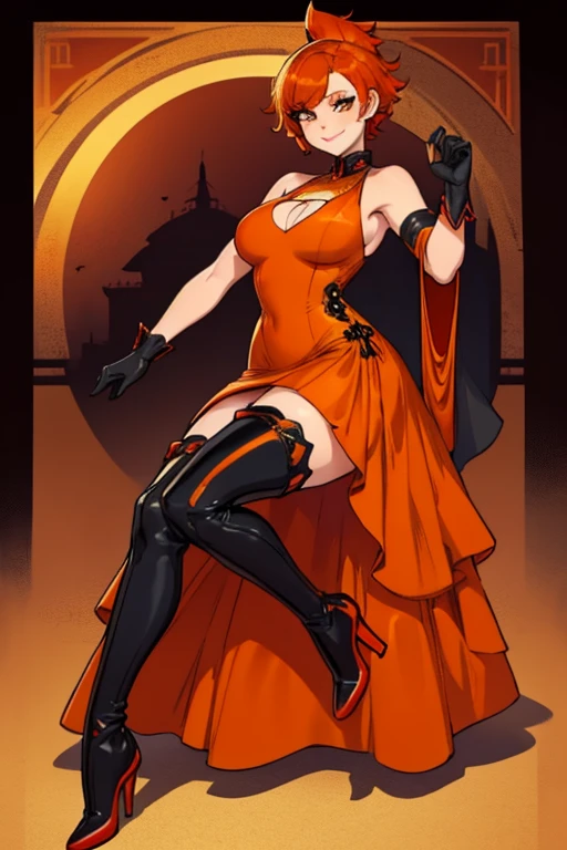 female, red short hair with yellow highlights, orange eyes, (((1girl))), (((orange evening dress with red trim))), (black gloves), (black thigh high heeled boots), cute and sexy, large breasts, large butt, full body, long legs, smiling