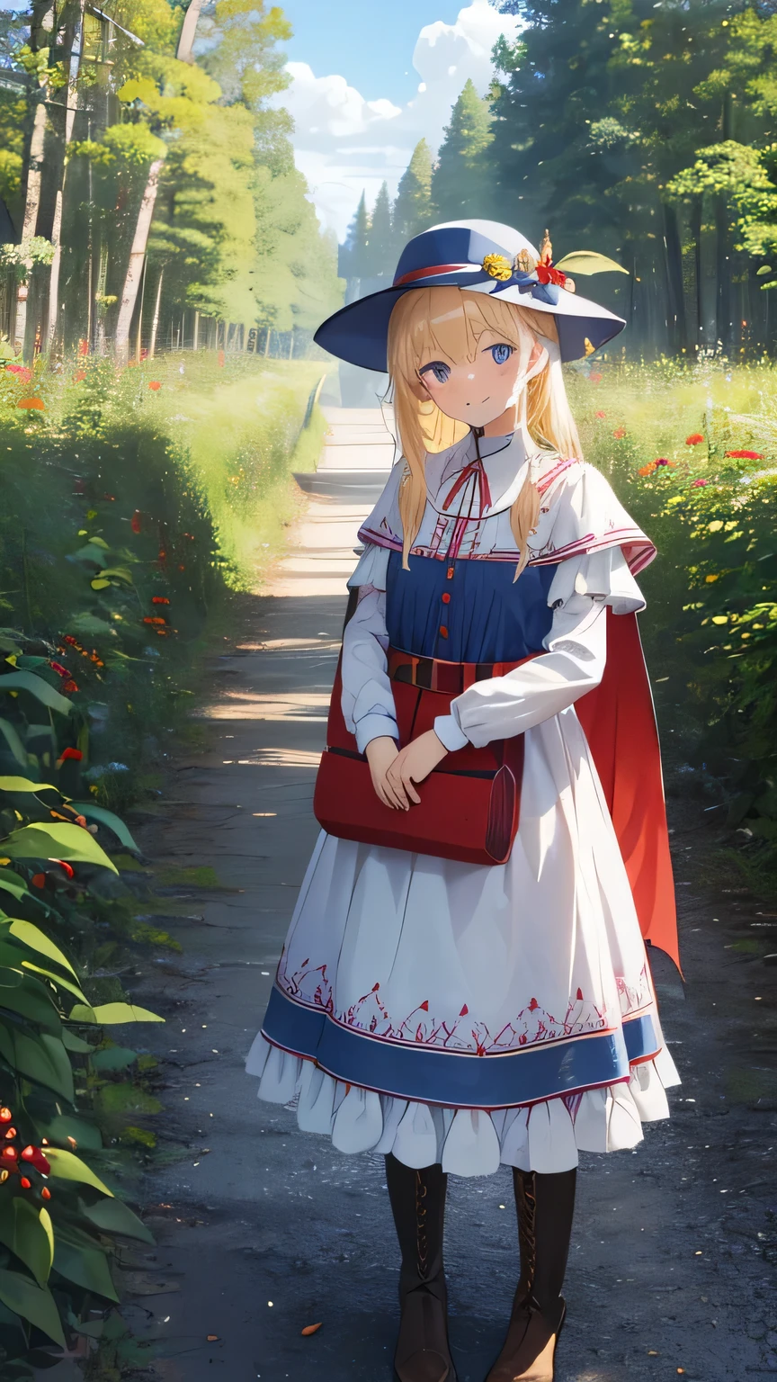 Finnish national costume Kansalis Puku(blue clothes、belt、Boots in brushed fabric。Dress hem and sleeves、collar、The chest features red embroidered tape..、There is a ruffle at the hem。Wear a long fringed cape。)I am wearing、white woman、blonde hair、smile、happy look、Holding a basket of berries in each hand。daytime、Forest Road Background
