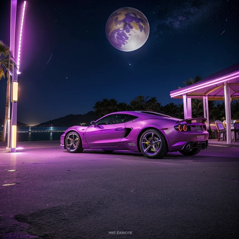 make me a brochure for a utopia planet that is purple and disco themed. include the beach and have sports cars and people dancing at night. don’t make it look realistic 