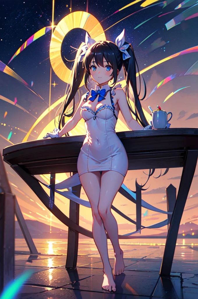 Background stained glass, background night sky, Background stars shining, full body picture, spread legs, full body, twin tails, black hair, air ornament, white dress, blue bowtie, cleavage cutout, blue ribbon, arm ribbon, short dress, white gloves, barefoot, blue bow, blue bowtie, bow, bowtie, cleavage, cleavage cutout, clothing cutout, dress, gloves, pencil dress, (rei no himo:1.5), short dress, white dress, white gloves, masterpiece:1.3), (High resolution), (8K), (very detailed), (4k), (pixiv), perfect face, beautiful eyes and face, (highest quality), (Super detailed), detailed face and eyes,((highest quality)),((table top)),((perfect face)), detailed５two-fingered hand,1 girl and fantasy style, ((holographic)), (stripes of light), impressive visuals, Like the cover of a movie, (dynamic streak, path of light:1.2), bright colors, and face up,dynamic pose