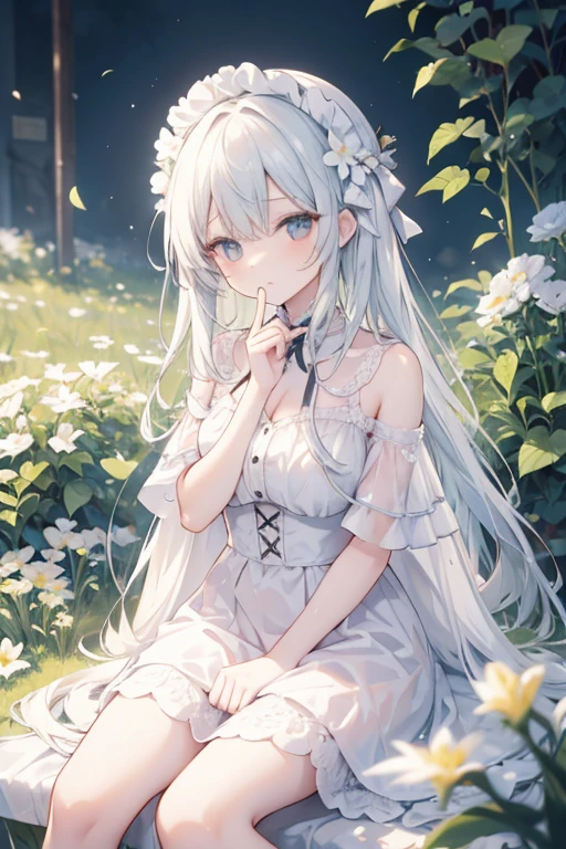 (masterpiece, best quality),1girl with long white hair sitting in a field of green plants and flowers, her hand under her chin, warm lighting, white dress, blurry foreground