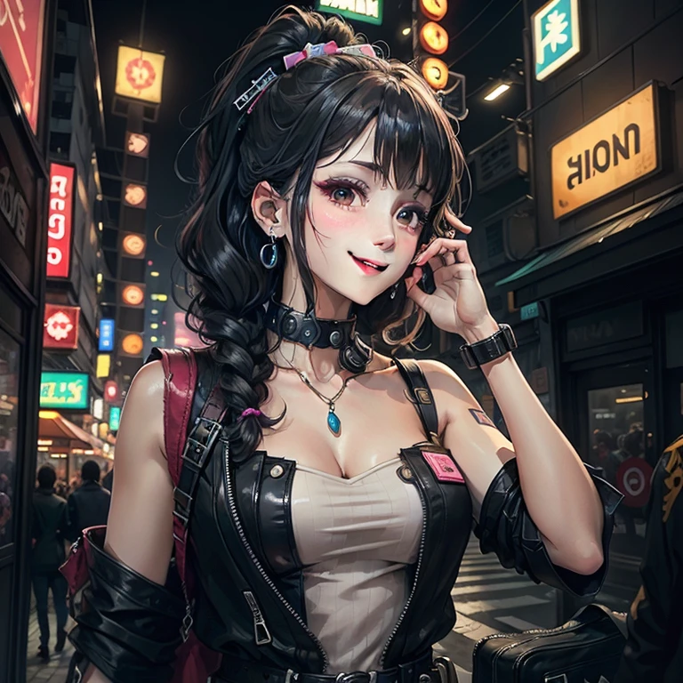 masterpiece, best quality, 1((Smile)) Cyberpunk boys standing together, Harajuku style cyberpunk body strap, bold colors and patterns, eye-catching accessories, Stylish and innovative hairstyles, Dazzling cyberpunk cityscapes, skyscrapers, glowing neon sign, LED light, anime illustration, Delicate skin texture, Detailed cloth texture, Beautiful and delicate face, intricate details, Super detailed, movie lighting, strong contrast.