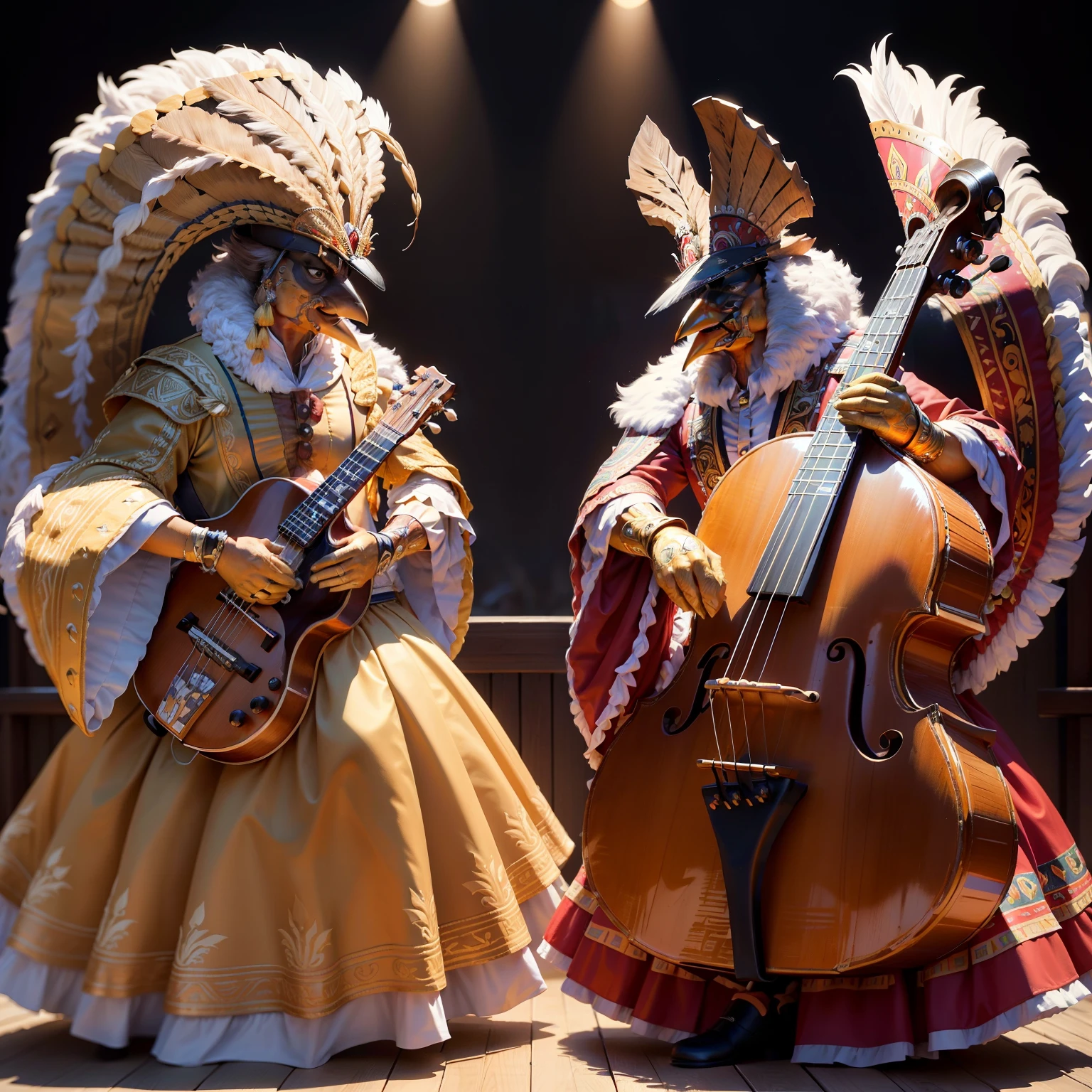 The mascots of Banda Cuisillos, two prestigious Mexican bands, are distinguished representations of indigenous heritage. Draped in vibrant feathered headdresses and intricately designed traditional costumes, they embody the rich culture and history of their Musica Indiana origins.
For Banda Musical, the mascots don formal wear, embodying the elegance and refinement that comes with their professional status as musicians. As they gracefully move and perform, their formal attire shines under the stage lights, highlighting their commitment to musical excellence.
Both sets of mascots exude a sense of pride and passion, adding an unforgettable touch to