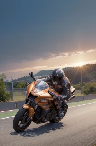 there are many people riding motorcycles on a track at sunset, racers, game illustration, game cg, detailed game art illustration, cycles 3 d render, background artwork, high speed action, motorcycle concept art, daniel maidman octane rendering, cycles4d render, motorbikers race in hell, race track background, octane cgsociety, game art