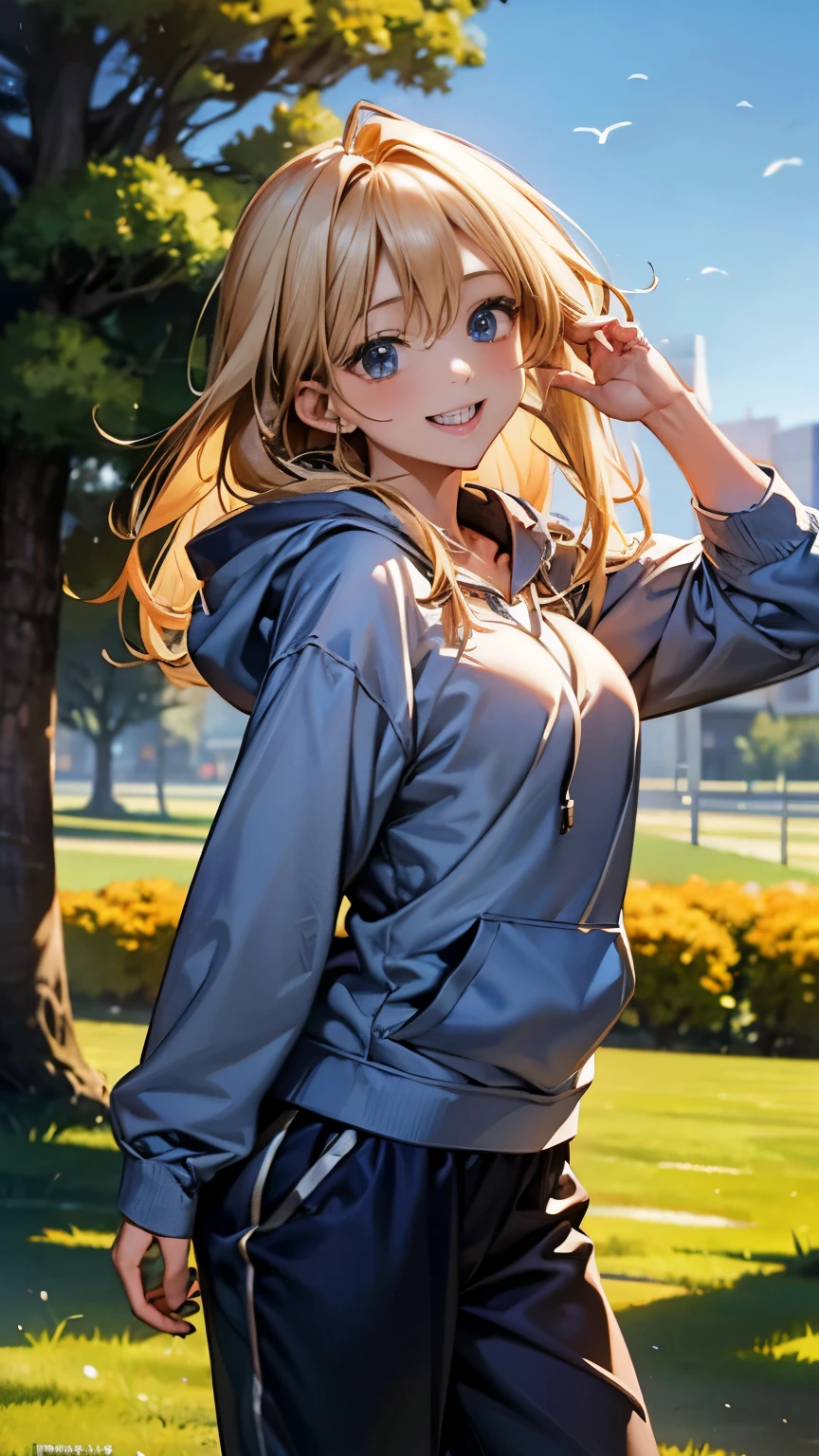 This magical sight、first、This is a masterpiece drawn in ultra-high resolution 8K quality.。The scene is filled with photorealism and HDR brilliance.、Cinematic lighting enhances the portrait of a beautiful woman。She exudes a mature charm.、Standing in contrapposto pose、He has one hand on his head and is looking at the viewer.。Behind her is a meadow、Her medium-length blonde hair flutters in the wind.。She has a cheerful smile、Wearing a hoodie and jogger pants。