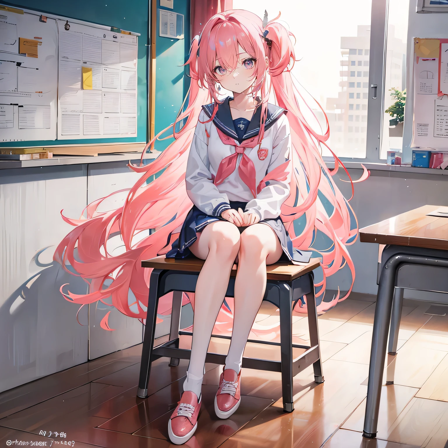Coral pink hair,long hair,hair over one eye,gray eyes,feather hair ornament,cute,girl,School Uniforms,Canvas shoes on his feet,whole body,sit on stool,Does not expose fingers,The background is a school classroom,blue sky