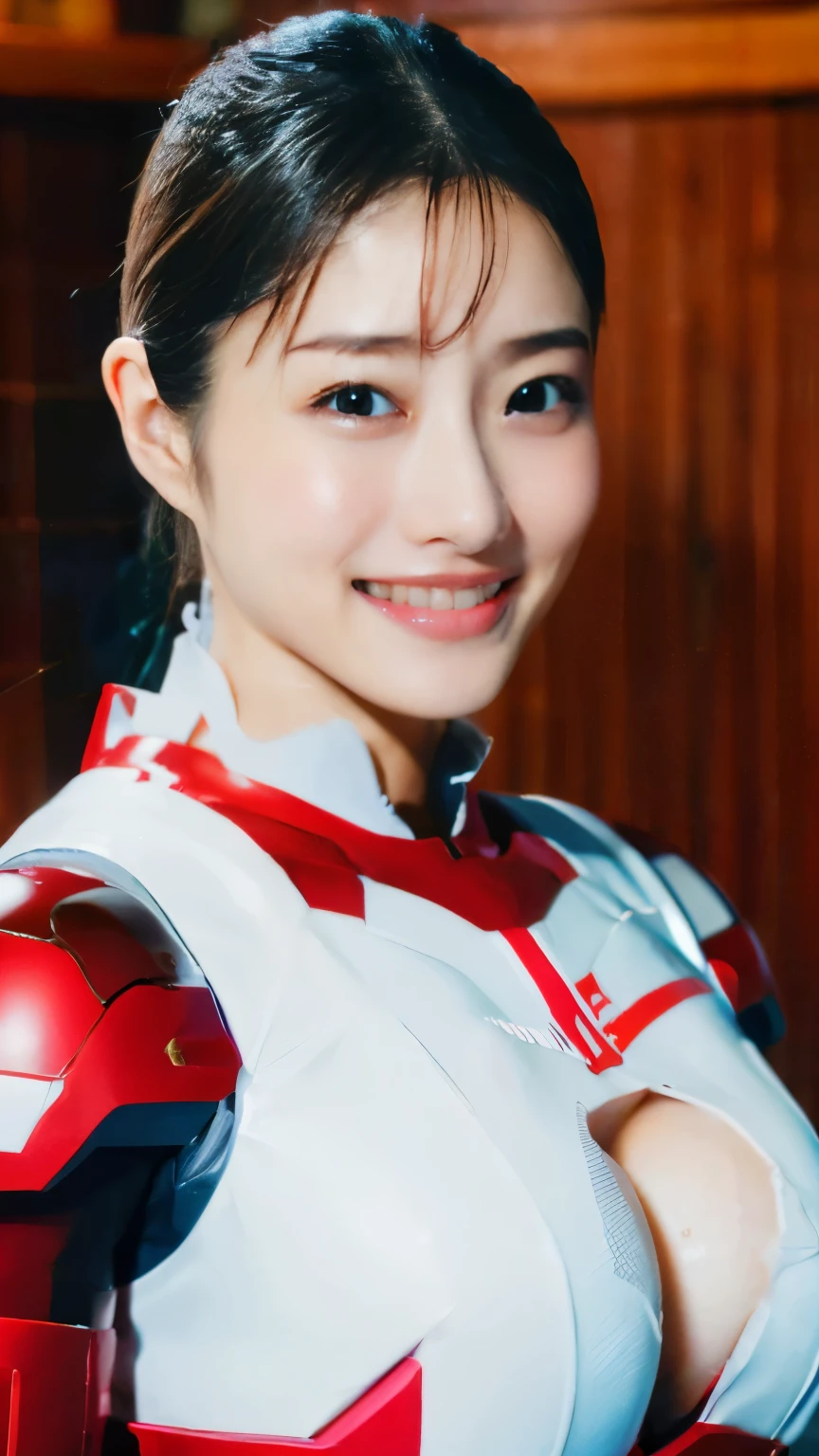 (super highest quality、In 8K、Masseter muscle part、delicate illustrations、Full body Esbian),(He wears a shiny, deep pink and white skin-tight Iron Man suit.:1.5)、A beautiful and bewitching Japanese 25-year-old woman、plump body、ponytail black hair、huge breasts 、smile、sauna、sweaty