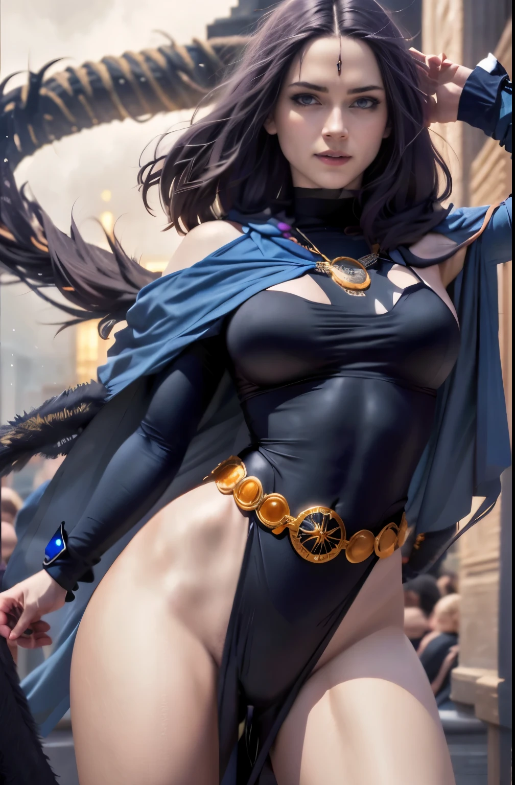 enjinight as Raven, solo cowboy shot,  pale skin, black leotard, turtleneck, sexy hip and thighs, very large hips, dark blue cape,  gold belt, jewels, medallion, athletic, looking at viewer, soft blue mist, fog, volumetric lighting, best quality, masterpiece, intricate details, sharp focus, hyper detailed, in pastelvectorai style