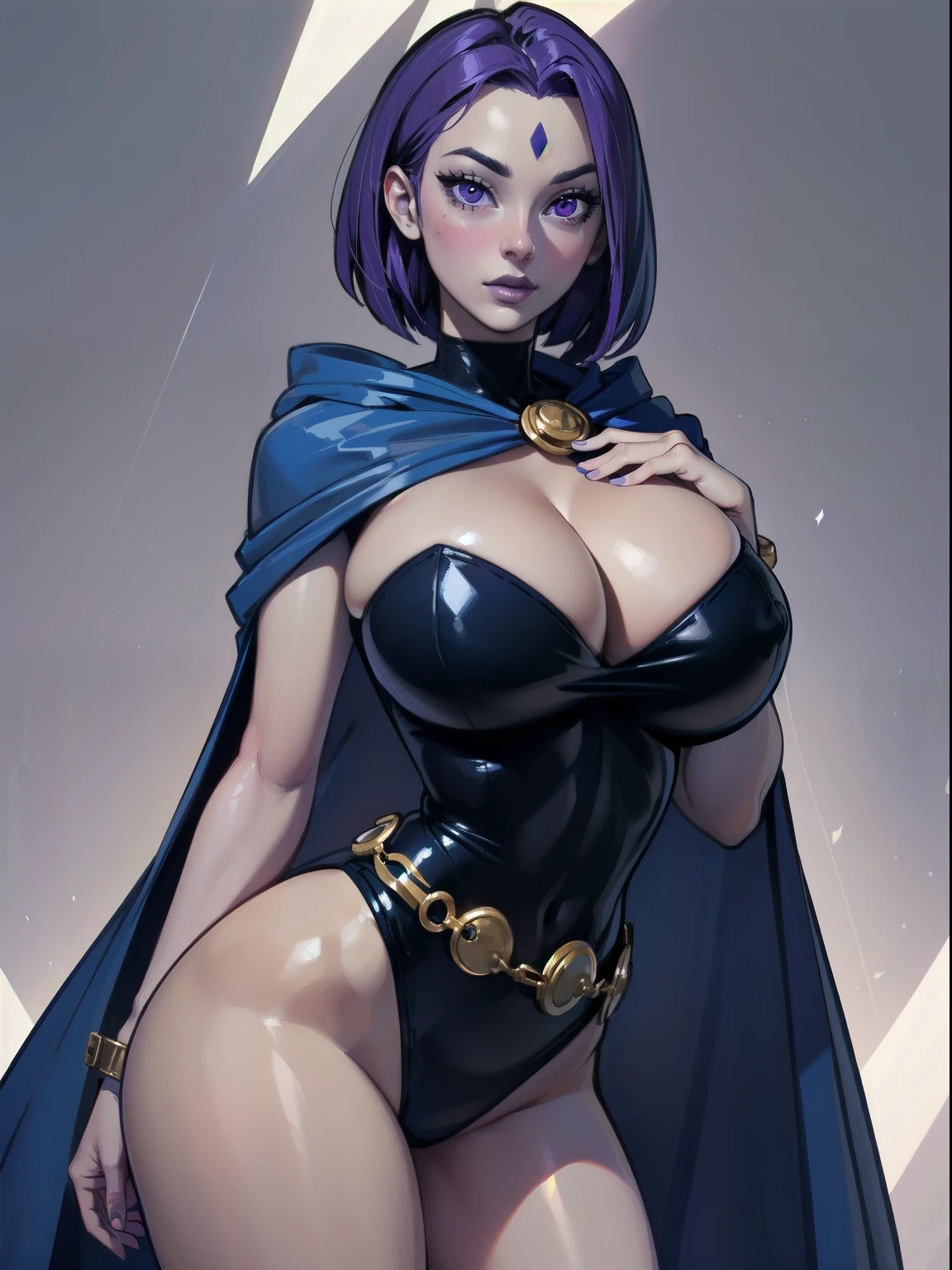 (Shadman art:1.2), (big blissful eyes:1.2), (reclined), (curvy body:1.2), (highly detailed:1.2), (detailed face and eyes:1.2), (huge breasts:1.2), (busty), (deep cleavage), (breasts bulging:1.3),1girl,solo,RavenTT, dynamic post ,navy-blue cloak, brooch, leotard, belt,short hair,purple hair, purple eyes,black lipstick,grey skin,curvy,wide hips