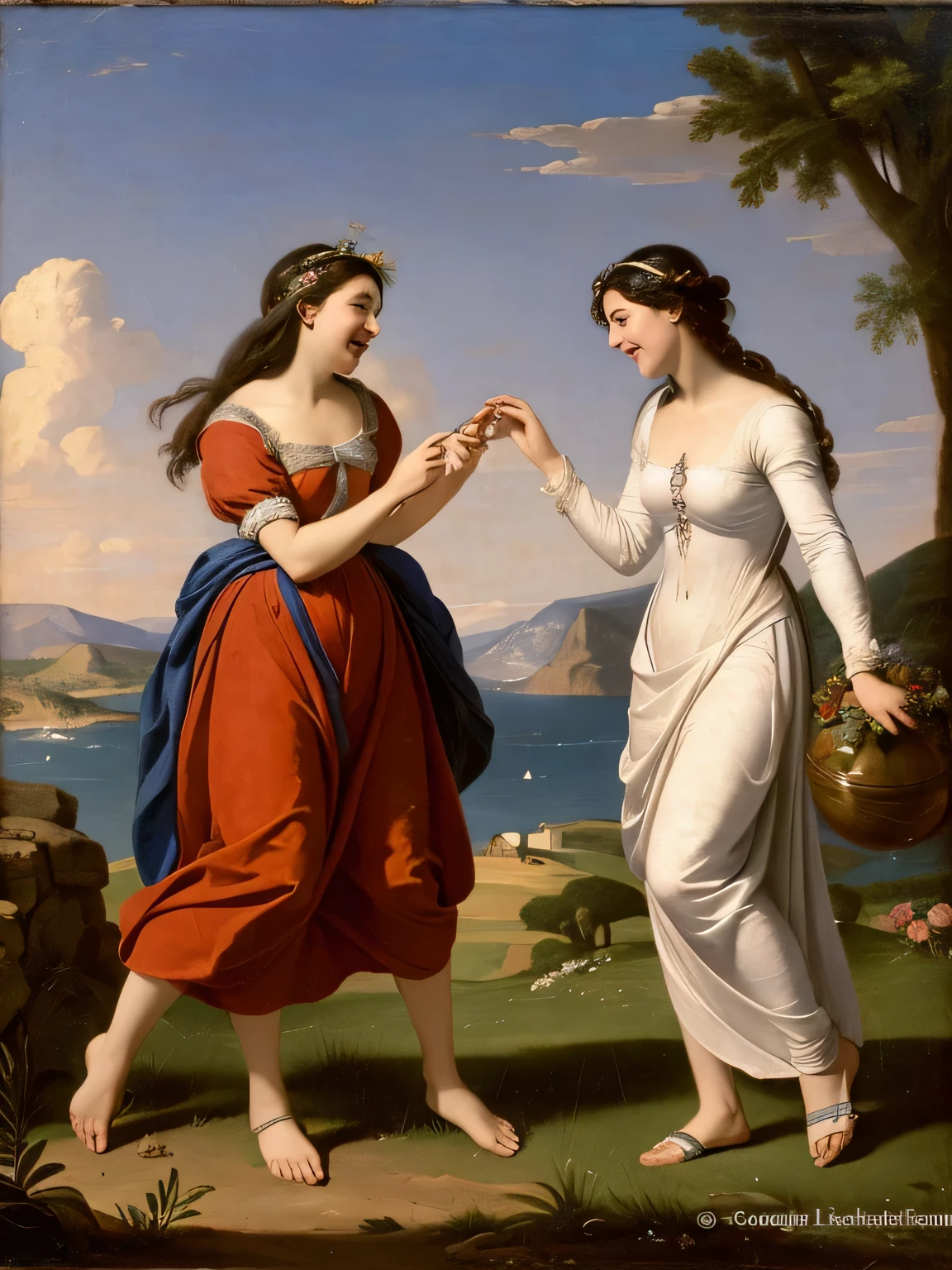 Giorgione painting style,Arguments of two female Philosophe,math、astronomical machine、astronaut、roses in vase、fruits、Cute trinkets、smile、ancient greek costume、Background is a forest lake at night 、Clothes that stretch your shoulders、A big smile、beautiful bare skin、A detailed representation of the seducing woman throughout her body.