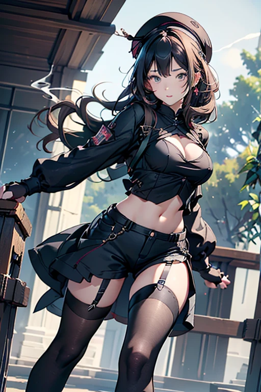  22 years old, (milf:0.8), (solo:1.5), (sfw:1.25), cute breast, beautiful breasts, medium tits, thin waist, big ass:1.0, Raised sexy, (beret, black jacket, open clothes, cleavage, midriff, black shorts, black thighhighs, thigh strap, fingerless gloves, single glove:1.2), blue eyes, light smile, big , Revimpling fabric, earrings, Hand gloves, detailed face,(smoking:1.3),long hair,side ponytail,hair between eyes,bangs,detailed and beautiful eyes,beautiful detailed lips,Rolling her eyes,manner,hair over one eye, (ultra high resolution, 8K RAW photo, photo realistics, thin outline:1.3, clear focus), best qualtiy, natural lighting, textile shading, blurry back ground, field depth, (Bright pupils, fine detailed beautiful eyes with highlight:1.3, high detailed face), Red lip, fine realistic skins:1.1, looking down viewers:1.3, (dynamic angle:1.3, front view:1.1, breast focus:1.3, from below:1.2), (dynamic posing:1.5, sexy posing:1.2),Youghal, side lock, hair ornaments, hair band,nice,garden background,artistic rendering,Super detailed,(highest quality,4k,8K,High resolution,masterpiece:1.2),Bright colors,studio lighting
