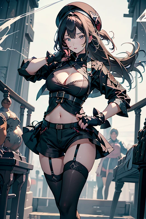 22 years old, (milf:0.8), (solo:1.5), (sfw:1.25), cute breast, beautiful breasts, medium tits, thin waist, big ass:1.0, Raised sexy, (beret, black jacket, open clothes, cleavage, midriff, black shorts, black thighhighs, thigh strap, fingerless gloves, single glove:1.2), blue eyes, light smile, big , Revimpling fabric, earrings, Hand gloves, detailed face,(smoking:1.3),long hair,side ponytail,hair between eyes,bangs,detailed and beautiful eyes,beautiful detailed lips,Rolling her eyes,manner,hair over one eye, (ultra high resolution, 8K RAW photo, photo realistics, thin outline:1.3, clear focus), best qualtiy, natural lighting, textile shading, blurry back ground, field depth, (Bright pupils, fine detailed beautiful eyes with highlight:1.3, high detailed face), Red lip, fine realistic skins:1.1, looking down viewers:1.3, (dynamic angle:1.3, front view:1.1, breast focus:1.3, from below:1.2), (dynamic posing:1.5, sexy posing:1.2),Youghal, side lock, hair ornaments, hair band,nice,garden background,artistic rendering,Super detailed,(highest quality,4k,8K,High resolution,masterpiece:1.2),Bright colors,studio lighting