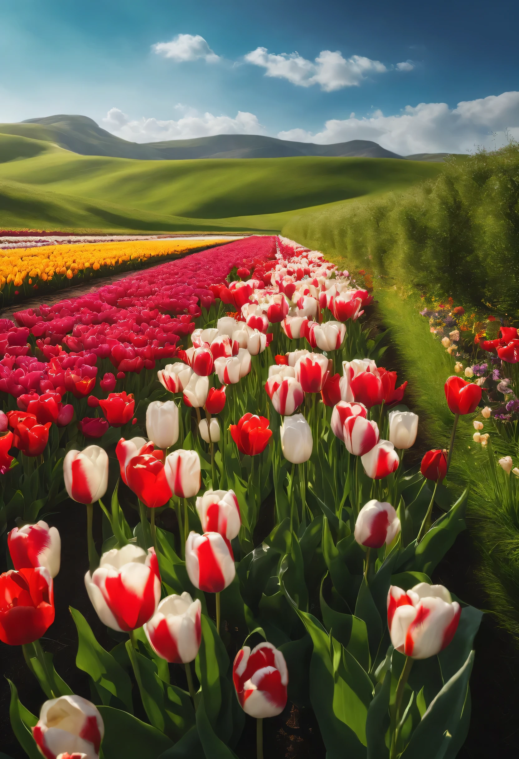 tulip flowers in foreground,rich and colorful,green grass, The blue sky is white, Real light and shadow,texture texture,Natural light,C4D style,masterpiece,8K