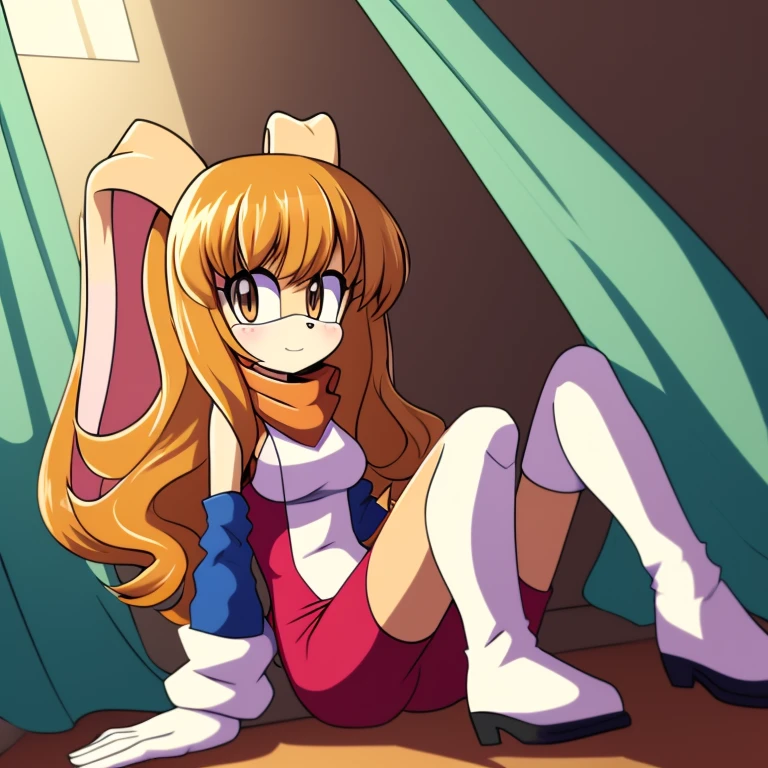 Female, Mobian, Rabbit, Cream the Rabbit, sonic the hedgehog \(series\), rabbit girl, ((solo)), ((1girl)), ((hairstyles, long wavy hair with curtain side bangs, similar to Maria)), brown eyes, serious, young adult, average sized breasts, hair on top of shoulders, long peach hair color that’s is wavy, wearing a blue anime styled scarf, wearing a red one piece, knee length tights, black boots, white gloves, (((2D Anime Style))),