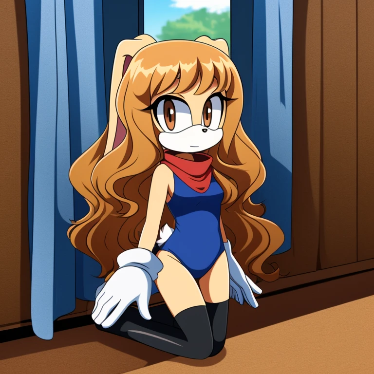 Adult Female, Mobian, Rabbit, Cream the Rabbit, sonic the hedgehog \(series\), rabbit girl, ((solo)), ((1girl)), ((hairstyles, long wavy hair with curtain side bangs, similar to Maria)), brown eyes, blushing, serious/mad, young adult, dd cups sized breasts, hair on top of shoulders, long peach hair color that’s is wavy, wearing a blue anime styled scarf, wearing a red one piece, knee length tights, black boots, white gloves, in a apocalypse, fighting, (((2D Anime Style))),