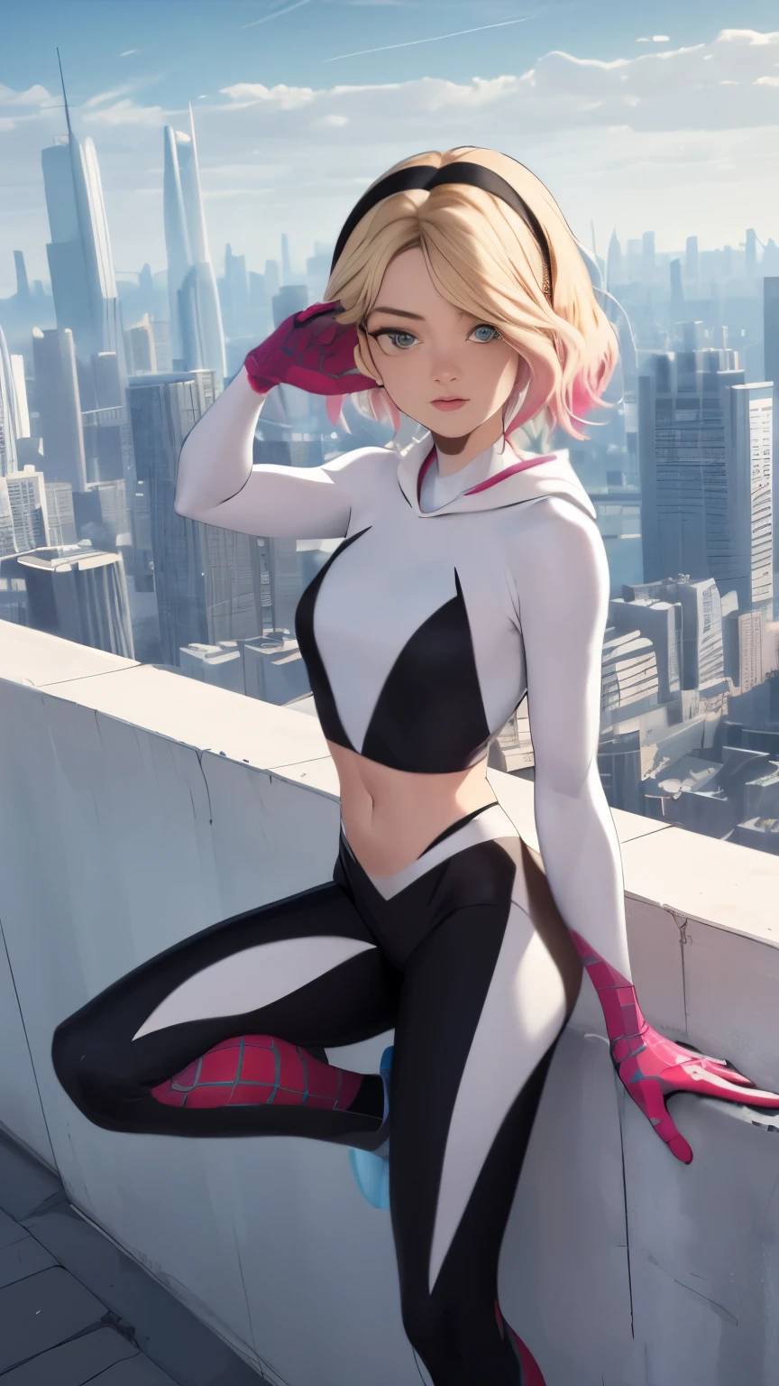 (Highly quality, masterpiece, detailed), city detailed scenario, city detailed background, solo, Gwen, blonde hair, multicolored hair, short hair, hairband, crop top, web-print, hood down, gloves, navel, sitting on top of a building, perfect face, beautiful eyes, look at the viewer, Sexy pose