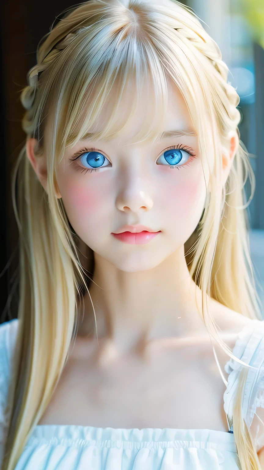 Portrait、、bright look、ponytail、Beautifully messy bangs、bangs between eyes、bangs on the face、Young, shiny, white, glossy skin、gross face、cheek gloss highlight、best beauty、blonde reflection、Platinum blonde hair with dazzling highlights、shiny bright hair,、super long silky straight hair、Shining beautiful bangs、Attractive, beautifully shining, very bright, light blue eyes、very big eyes、Very beautiful nice cute beautiful girl、rich bust、small face beauty、