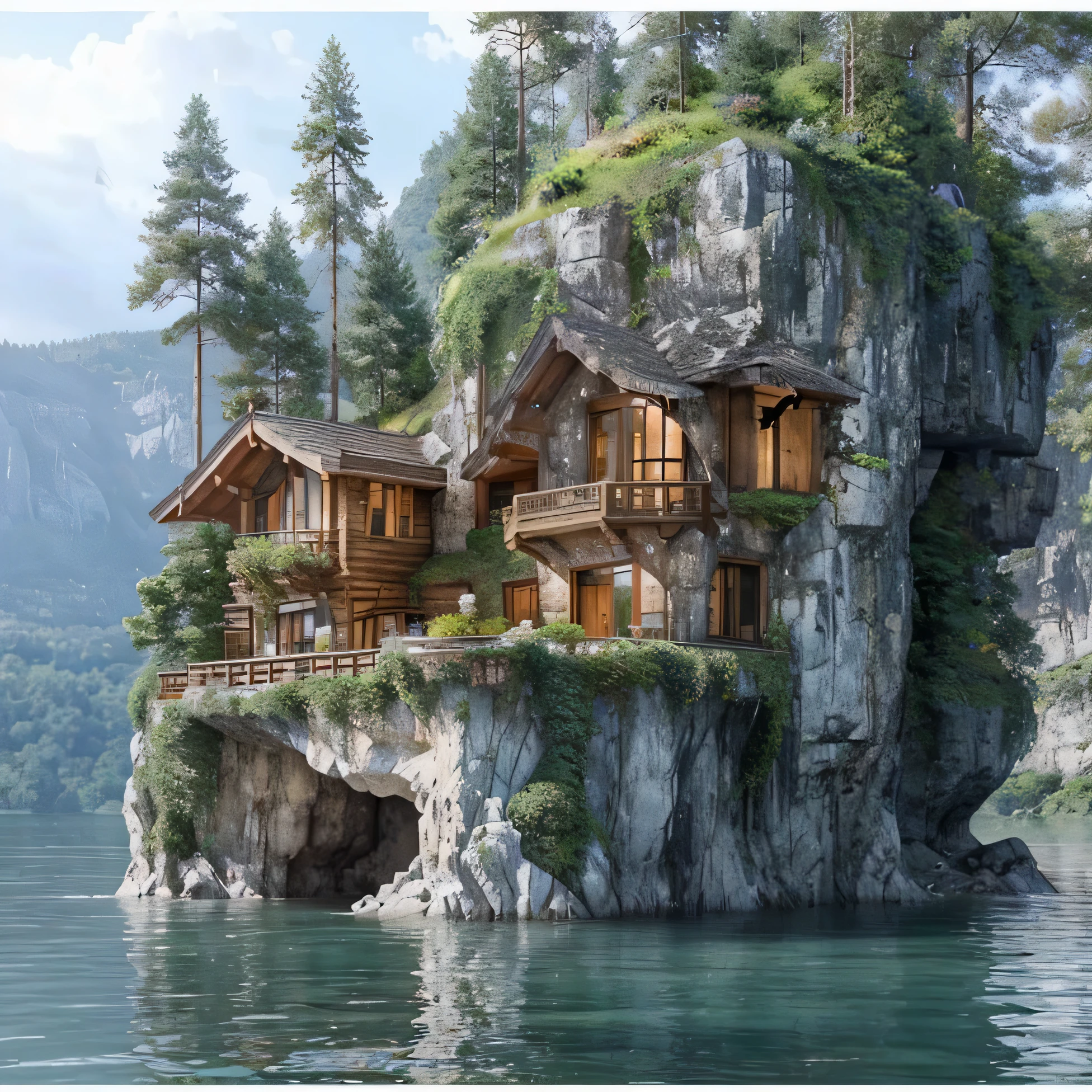 arafed house on a rock in the middle of a lake, very close to real nature, lake house, very high detailed, fantasy setting, build in a forest near of a lake, beautiful rendering, floating island, incredibly high detailed, very very high detailed, beatiful house, fantasy house, beautiful place, beautiful detailed scene, beautiful artist rendering, incredibly beautiful