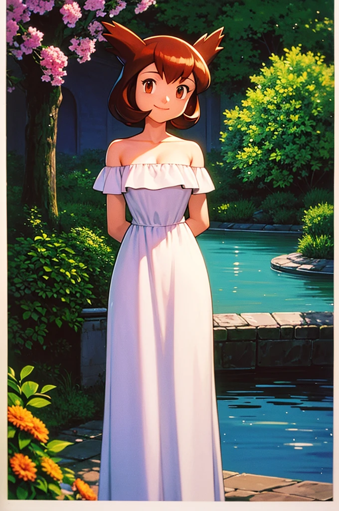 masterpiece, best quality, ultra-detailed, illustration, beautiful detailed eyes, very detailed illustration, cinematic lighting, 1 girl, solo, Pokemon Heroes (Bianca), Brown Hair, brown eyes, bare shoulders, strapless, off shoulders, white ruffle off the shoulder maxi dress, intricate details, sharp focus, high resolution, the background of beautiful garden with a forest of flowers, on a beautiful night, crescent moon, smile, standing near a big water pool on the bottom, arms behind back, anime style, ultra-detailed, hdr, far at the bottom, in the center, Close up