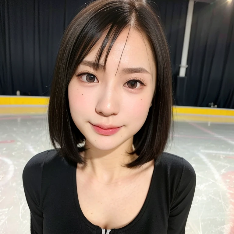 (kawaii 24 year-old Japanese girl, Nogizaka idol, Korean idol), healthy female athlete, figure skater, (glossy black hair, messy very short hair, messy pixie cut, symmetric hair length, even length hair edges:1.3), (bangs), (rounded face, black eyes, single eyelid, no makeup, soft smiling:1.2), (wearing long sleeved black training half zip tops:1.3), flat chest, extra small breasts, black sports leggings, (looking at viewer:1.2), BREAK, (ice skate arena background:1.3), (dynamic angle:1.3), face focus, BREAK, (masterpiece, best quality, photo realistic, official art:1.4), (UHD, 8K quality wallpaper, high resolution, raw photo, golden ratio:1.2), (shiny skin), professional lighting, physically based rendering, award winning, (perfect anatomy, highly detailed skin, extremely detailed face and eyes), Carl Zeiss 300 mm F/2.8, depth of field, 1girl, solo,