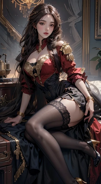 ((Masterpiece, Highest quality)), Detailed face, CharacterDesignSheet，full bodyesbian, Full of details, Multiple poses and expressions, Highly detailed, Depth, Many parts，beauty girl，cinematic lighting，with light glowing，Red and gold，Phoenix decoration，light yarn，Lace，lacepantyhose，high-heels, steampunk clothes