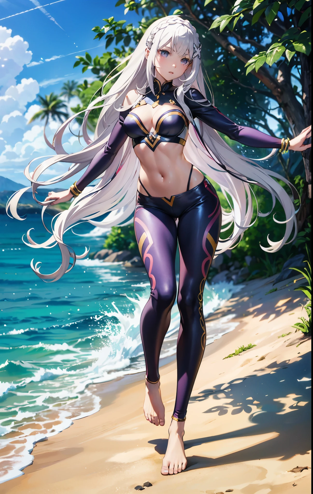 Masterpiece, Superb breathtaking views, Perspective, extremery best quality, extremery detailed CG, 8K wallpaper, high resolution, Highly detailed face, highly details eye, Perfect anatomy, Super detailed skin, Emilia re:zero, purple eyes, Emilia, crown braid, x hair ornament, flower hair ornament, white hair, long hair, medium breasts,
(Dynamic Angle, Dynamic pose:1.2), Outdoors, beach, Smooth waves, (Portrait, legs focus, full bodyesbian), (Beautiful face, Beautiful eyes, Beautiful legs:1.3),
1 girl, Solo, (nipple tops, pants:1.3), (Tights 1.3), Long sleeves, Medium breasts, blond hairbl, Long hair, Floating hair, Straight hair, open forehead, (Barefoot:1.3), (navel:0.8), Skinny, Slender, Wide hips, Thin waist