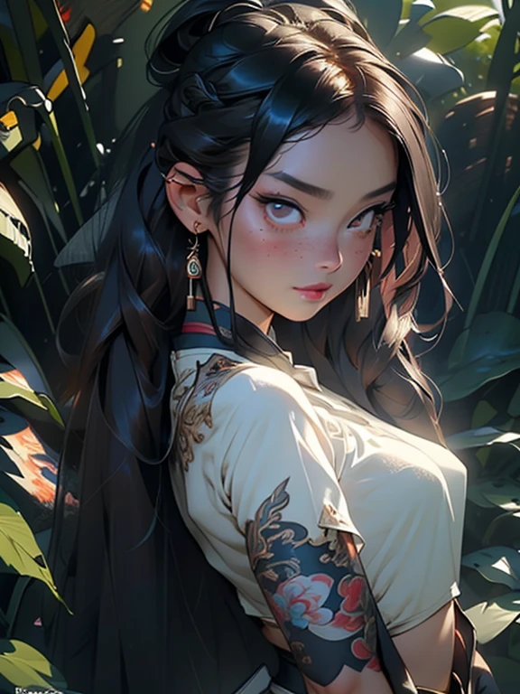 tzuyu, iu, yooa, bellydancer, small breasts, slim waist, slender thighs, beautiful 16 year old Asian girl, detailed face, javanese-chinese, lower face covered with translucent hijab, few soft freckles, large amber eyes, detail skin texture, long black hair in French braid, dramatic light, outside in a bio-luminescence environment, (hyperrealism:1.2), (8K UHD:1.2), (photorealistic:1.2), 35mm, over-the-shoulder shot,cool-toned color grading, Deep Focus cinematography effect, intricately detailed, awesome full color, ethereal background, abstract beauty, golden ratio, concept art, intricate details, high resolution, sharp focus, intricate details, highly detailed, nostalgia, romantic, 64k, award winning illustration, Chinese traditional ink painting, realistic light, ultra-detailed, high quality concept art, inspired by Daiqing Tana and Haya.