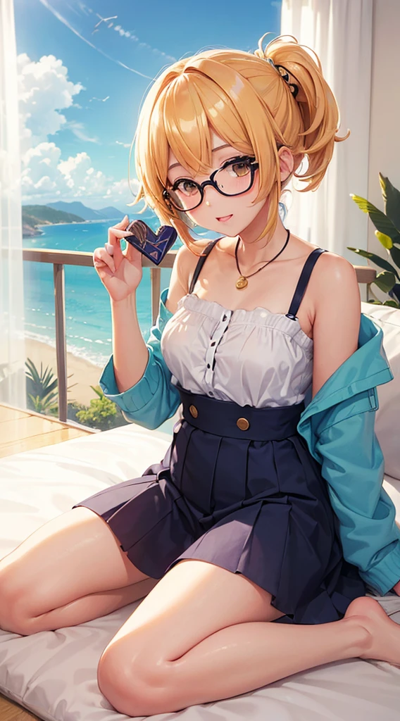 (Mejor calidad:1.3)、1 chica en、Colosal 、sujetador amarillo y bragas de encaje、acostado boca arriba en la cama、bob corto rubio、gafas、timidez、Cute anime illustration、Kamimei、
