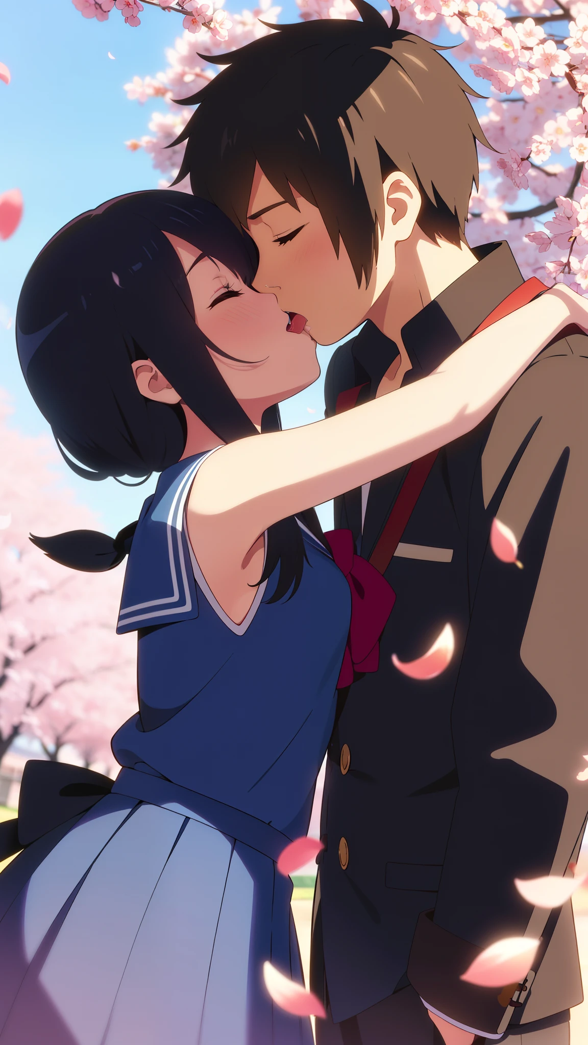 shinkai makoto, kimi no na wa., 1girl, 1boy, bangs, black hair, blush, (boy wear black uniform), ((girl wear sailor uniform, blue sailor collar, blue sailor color, blue skirt)), red headband, red bow, red ribbon, short hair, cute, love, couple, adorable, dating, (((kiss, deep kiss, tongue, saliva))), closed eyes, passionate hug, cherry_blossoms, falling_petals, petals, branch, pink_flower, blue_sky, spring_season, tree, upper body