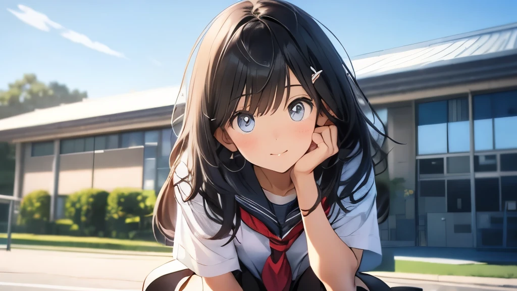{kissing face}、one girl、18 year old high school student。Hair is black、School building、stage、sitting、close up of face、