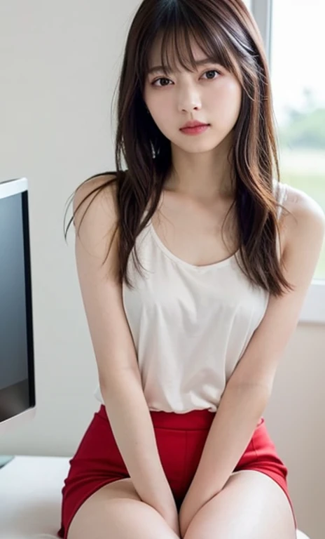 masterpiece、highest quality、16K、ultra high resolution、UHD,Depth of the bounds written、very detailed、soft light、professional lighting、Pale shading、Weak contrast、Japanese、beautiful girl、slender woman、Smooth, silky skin、clear white skin、daytime office、Window seat、sitting in front of the computer、Tight, lavender-colored workout clothes that hug the breasts、(smooth and beautiful thighs:1.6)、(small breast:1.0)、flat chest、Childlike breasts、small areola、small nipples、beautiful nipples、Cherry-colored nipples、white breast、fine and beautiful eyes、(hanging eyes)、(thin eyebrows:1.8)、(thin lips:1.8)、natural makeup、natural color lip、gentle smile、(floating hair、long wavy hair、high ponytail),(The bangs are see-through bangs)、