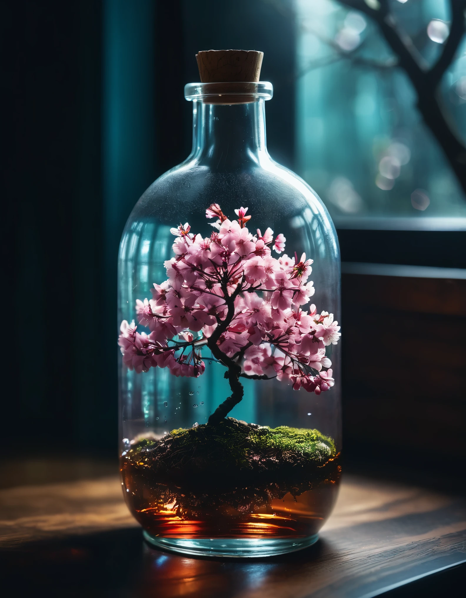 Sakura tree in a bottle, fluffy, realistic, atmospheric light refraction, by Lee Jeffries Nikon d850 film stock photograph 4 kodak Portra 400 camera f1.6 lens rich colors hyper realistic lifelike texture dramatic lighting unreal engine trending on artstation cinestill 800, Style-Glass