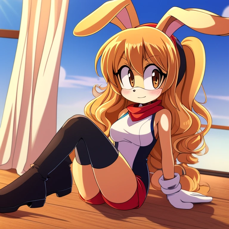 Female, Mobian, Rabbit, Cream the Rabbit, sonic the hedgehog \(series\), rabbit girl, ((solo)), ((1girl)), ((hairstyles, long wavy hair with curtain side bangs, similar to Maria)), brown eyes, blushing, serious, young adult, average sized breasts, hair on top of shoulders, long peach hair color that’s is wavy, wearing a blue anime styled scarf, wearing a red one piece, knee length tights, black boots, white gloves, arms crossed, (((2D Anime Style))),