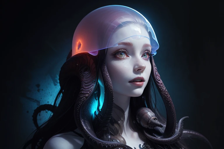 (beautiful alien:1.2), beautiful face, (Glowing scarlet eyes:1.4), (Translucent pale skin:1.8), Full body like, alien, No humans, cells fused, (Lots of translucent Blue tentacles:1.1), bio body, (fluttered detailed color splashes:1.1), (Intricate details:1.2), Beautiful eyes with fine symmetry, (Highly detailed face and eyes:1.2), (Super detailed skin quality feeling:1.4), (Moist skin:1.2), No makeup, (dark circles:1.1), long canines, midnight aura, Medusa, nautilus, Creation of fantasy, Snail, Dream Snail, (biopunk nautilus:1.4), (Fractal Art:0.9), (photos realistic: 1.4), Thrilling color schemes, seductively smiling, Blue tentacles, posing sitting