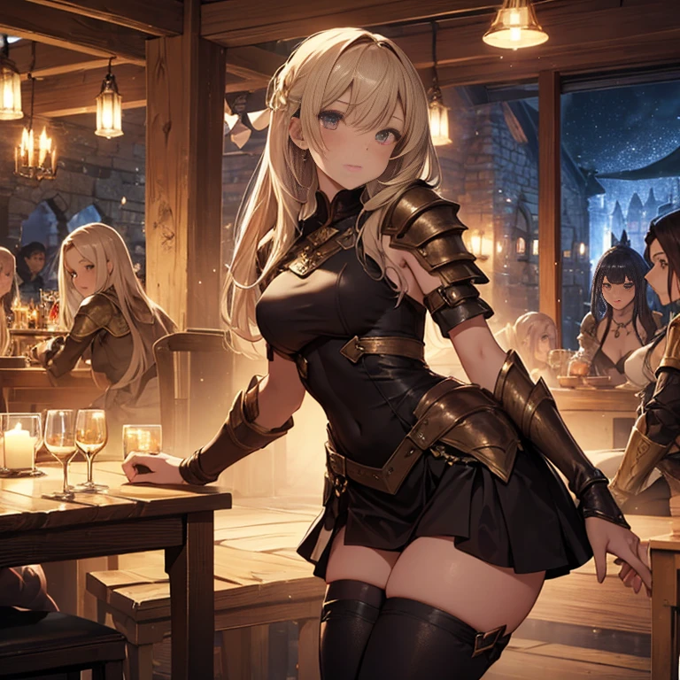 A group of female medieval fantasy adventurers, (in tavern), various hair styles, harem, night, details face, short skirt, seducing, sleeveless, armor