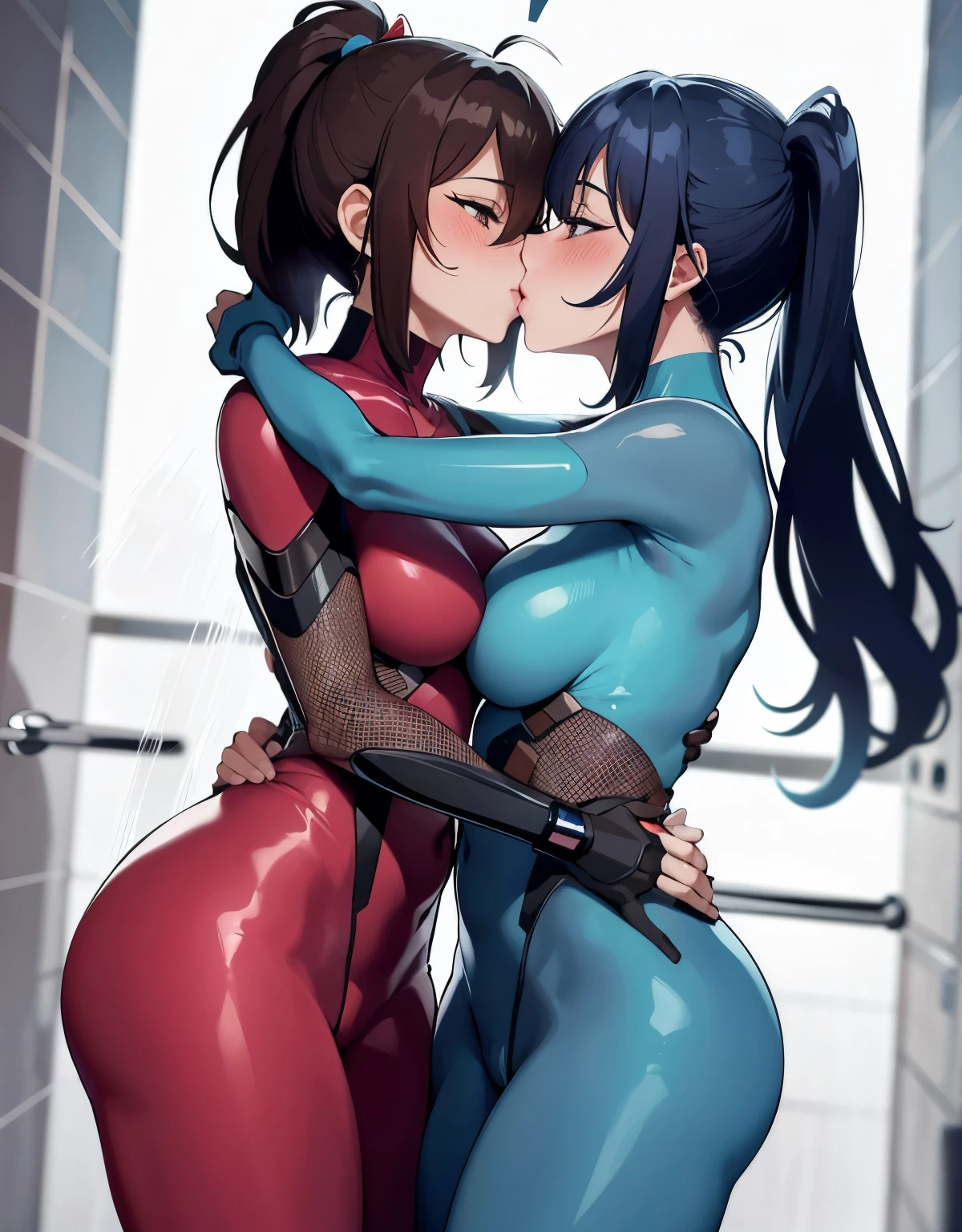 2 mature females,ponytail,25yo,stand side by side,((deep kiss,Hug each other:1.2)),taimanin bodysuit,taimanin leotard,see through bodysuit,colorful bodysuit,,(Best Quality, masterpiece),medium breasts,Cute,(red blush,smile),((Shower pouring down:1.2)), Shower room background,(from below),dynamic pose,dynamic angle