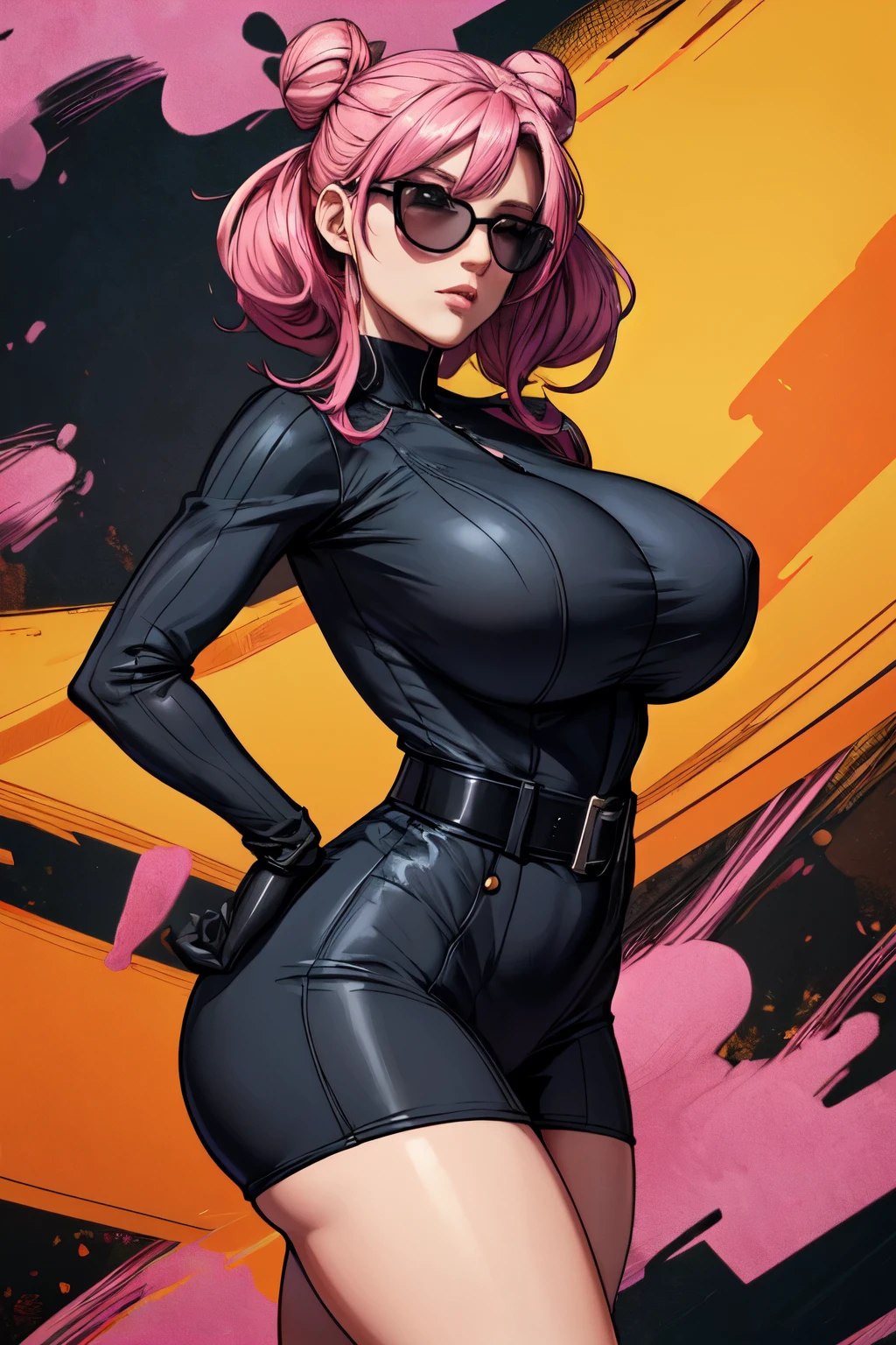 (masterpiece, 8k, 4k, extremely detailed, dynamic shading, best quality, absurdres:1.4) 1girl, , matuuge tits:1.1),tar-kafka, pink hair, hair bun, eyewear on head, shirt, gloves, sunglasses, mature female