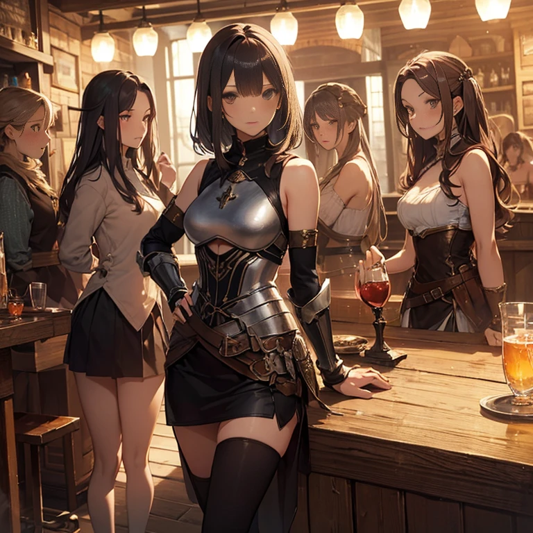 A group of female medieval fantasy adventurers, (in tavern), various hair styles, harem, night, details face, short skirt, seducing, sleeveless, armor, armpits