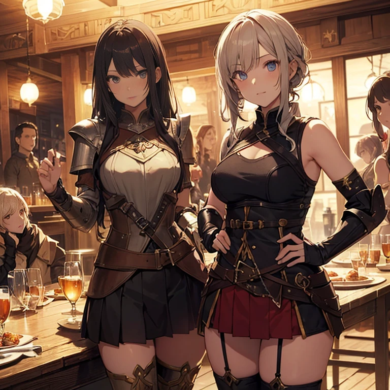 A group of female medieval fantasy adventurers, (in tavern), various hair styles, harem, night, details face, short skirt, seducing, sleeveless, armor