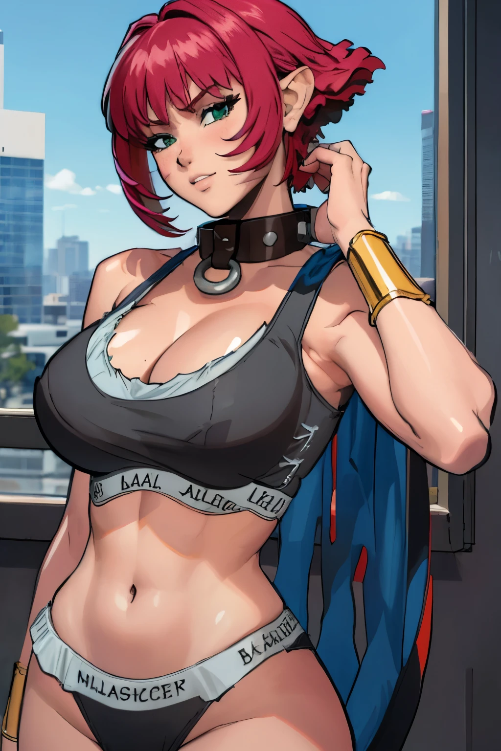 masterpiece, best quality, ultra-detailed, adult Cala 1girl, large breasts, underwear, panties, sports bra, black panties, clothes writing bracelet, collar, full body, surprised, worried, red hair, spiky hair, full body, looking at the viewer, female focus, green eyes