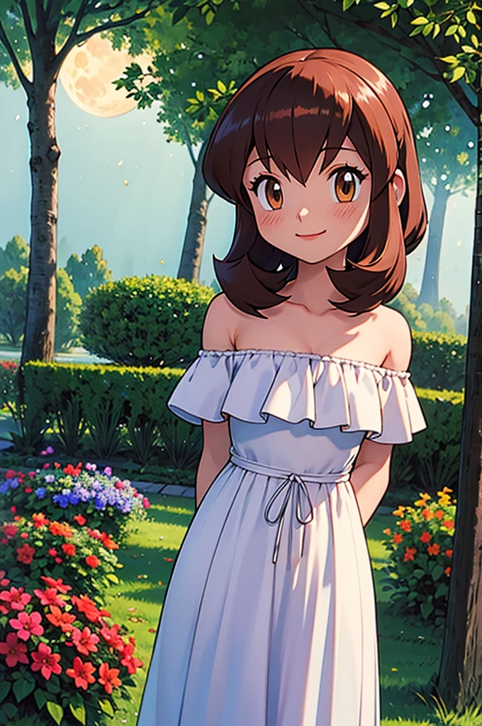 Bianca (pokemon heroes), 1 girl, solo, brown hair, brown eyes, bare shoulders, a blue Diamond necklace, little white dress, skin-tight dress, close up headshot, intricate details, sharp focus, high resolution, the background of beautiful garden, Outside the Mansion Sunset, Smile, Looking at You, Standing up, beautiful sunny day, smile