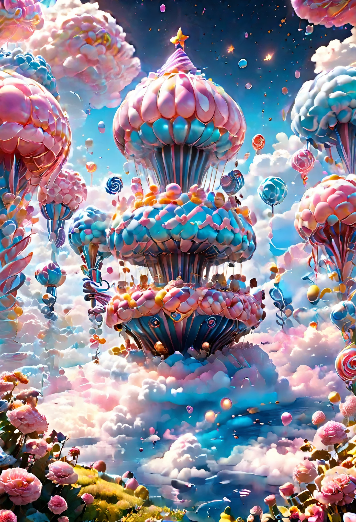 (Very unified cg scene design）,(character  design），( epic balloon ship floating in the clouds），pink and blue，starlights，rosette，butterflys，，like a dream，mystical lighting，4k detail，Dramatic light and shadow，like a dream，Beautiful lighting by Yoshitaka Amano at Studio Ghibli，3Drenderingof，c4d，Fantasyart，mirai，cartoony，