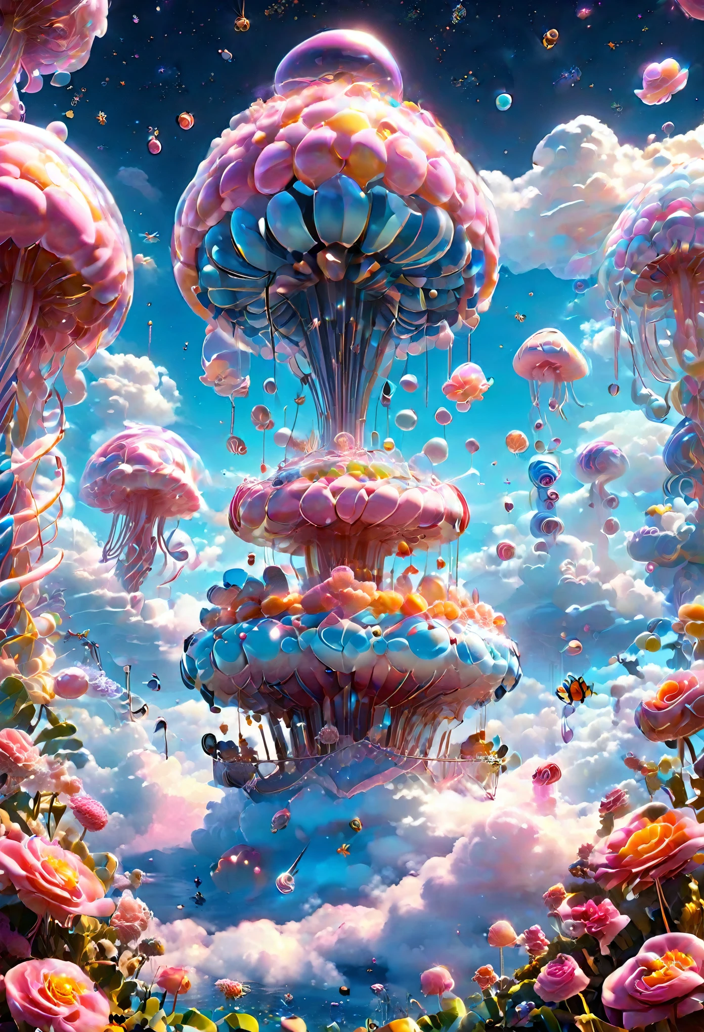 (Very unified cg scene design）,(character  design），( epic skyship floating in the clouds），pink and blue，jellyfish，starlights，rosette，butterflys，，like a dream，mystical lighting，4k detail，Dramatic light and shadow，like a dream，Beautiful lighting by Yoshitaka Amano at Studio Ghibli，3Drenderingof，c4d，Fantasyart，mirai，cartoony，