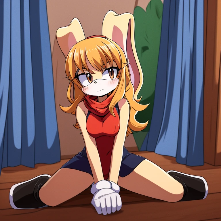 Female, Mobian, Rabbit, Cream the Rabbit, sonic the hedgehog \(series\), rabbit girl, ((solo)), ((1girl)), ((hairstyles, long wavy hair with curtain side bangs, similar to Maria)), brown eyes, blushing, serious/mad, young adult, average sized breasts, hair on top of shoulders, long peach hair color that’s is wavy, wearing a blue anime styled scarf, wearing a red one piece, knee length tights, black boots, white gloves, arms crossed, (((2D Anime Style))), 