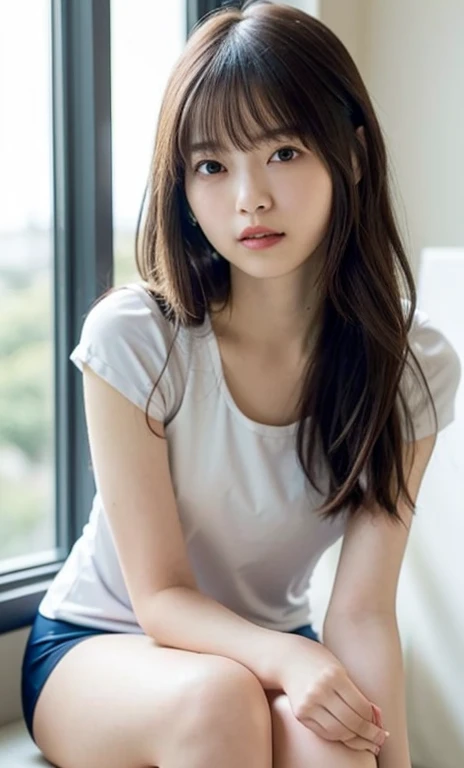 masterpiece、highest quality、16K、ultra high resolution、UHD,Depth of the bounds written、very detailed、soft light、professional lighting、Pale shading、Weak contrast、Japanese、beautiful girl、slender woman、Smooth, silky skin、clear white skin、daytime office、Window seat、sitting in front of the computer、Tight light blue training wear that clings to the breasts、(smooth and beautiful thighs:1.6)、(small breast:1.0)、flat chest、Childlike breasts、small areola、small nipples、beautiful nipples、Cherry-colored nipples、white breast、fine and beautiful eyes、(hanging eyes)、(thin eyebrows:1.8)、(thin lips:1.8)、natural makeup、natural color lip、gentle smile、(floating hair、long wavy hair、high ponytail),(The bangs are see-through bangs)、